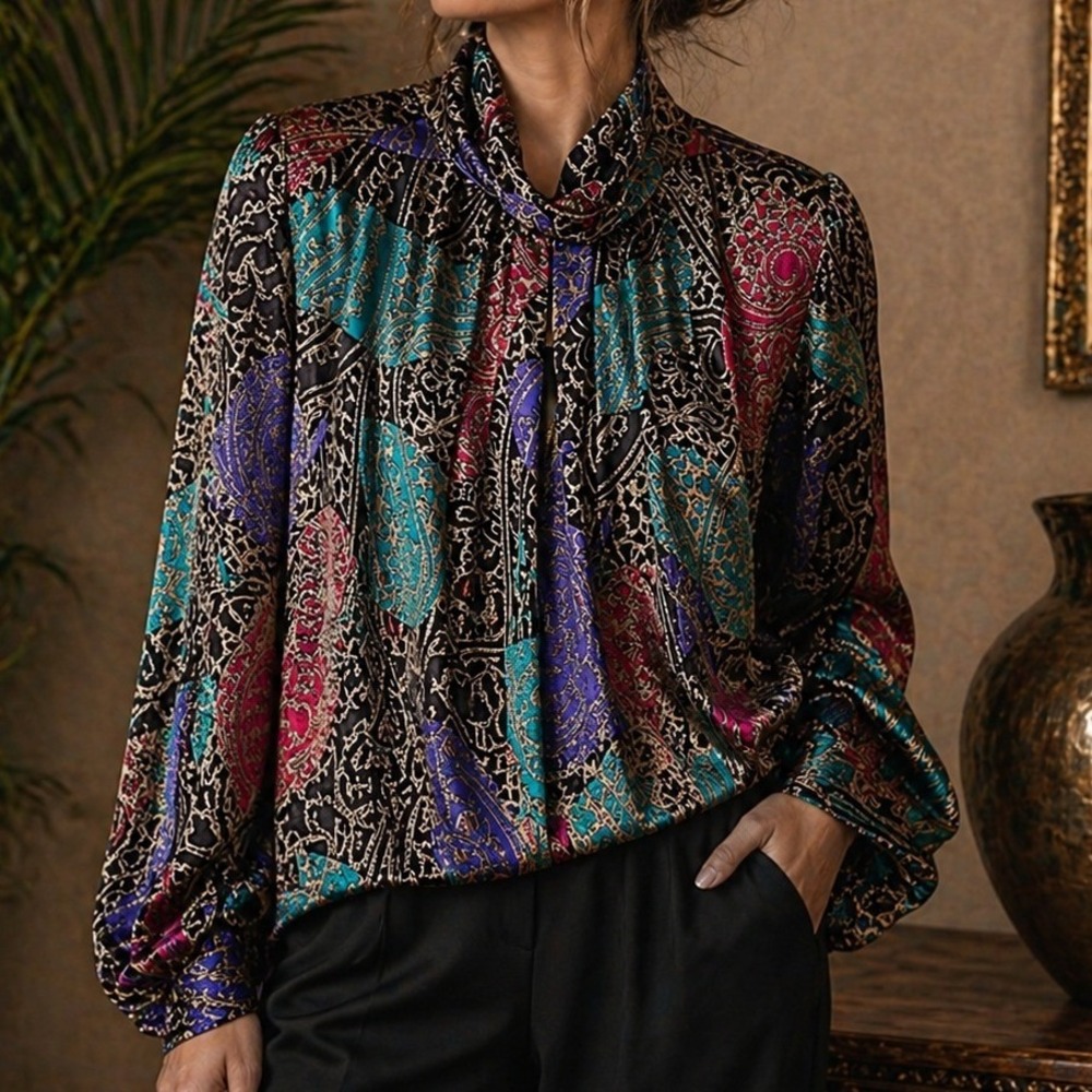 Vintage Paisley Ruched Neck Blouse L Paisley Print Korea Silky Feel Power Top